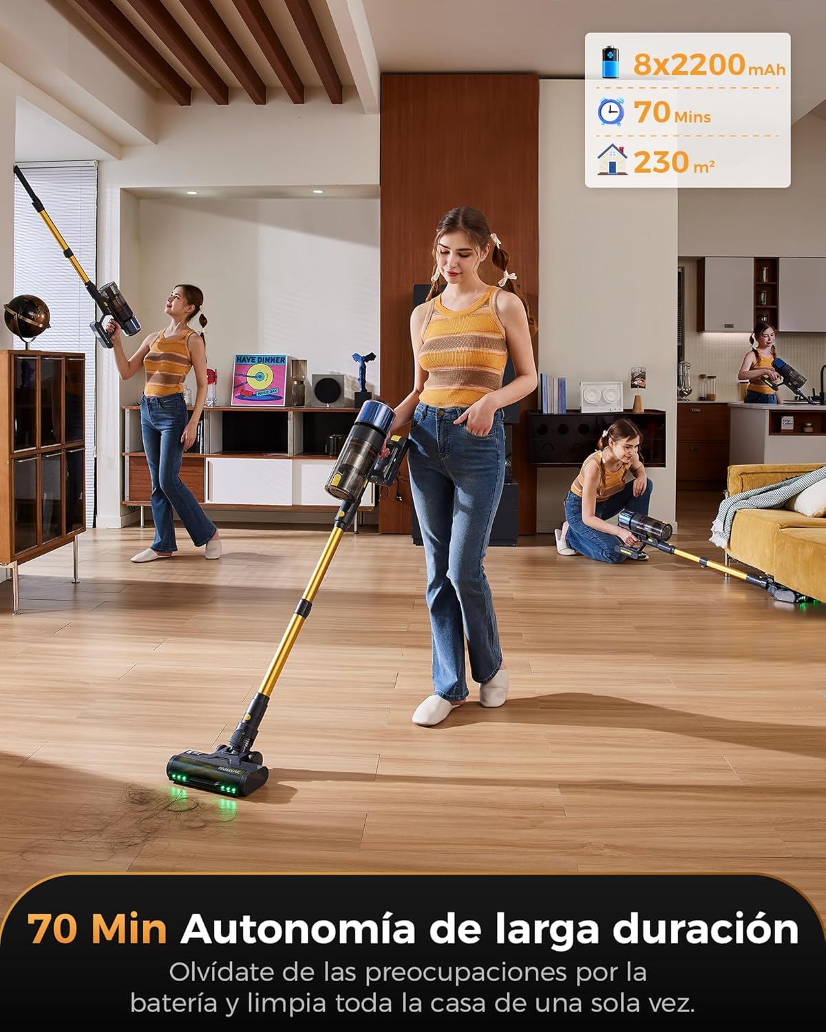Proscenic P15 Aspiradora sin Cable 55kPa/70Mins, Aspiradora Escoba Vertical Potente con Pantalla Táctile LED, Antienredo y Modo Automático para Suelos/Alfombras/Pelo de Animales