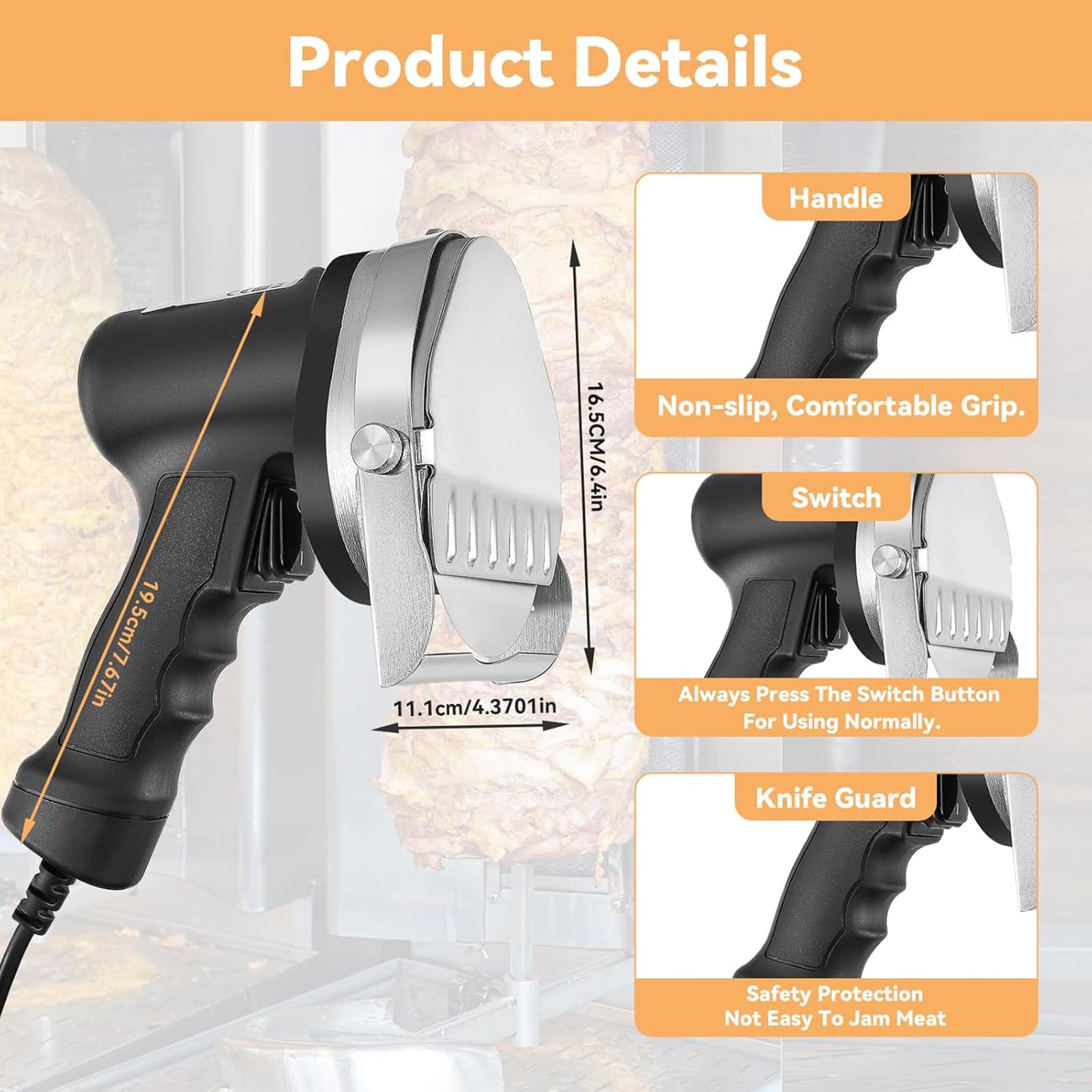 Cortadora eléctrica inalámbrica de Kebab, cortador de carne comercial 80W con cuchillas de acero inoxidable dual, espesor ajustable de 0-8 mm para barbacoa en el hogar y restaurante, diseño ligero y f