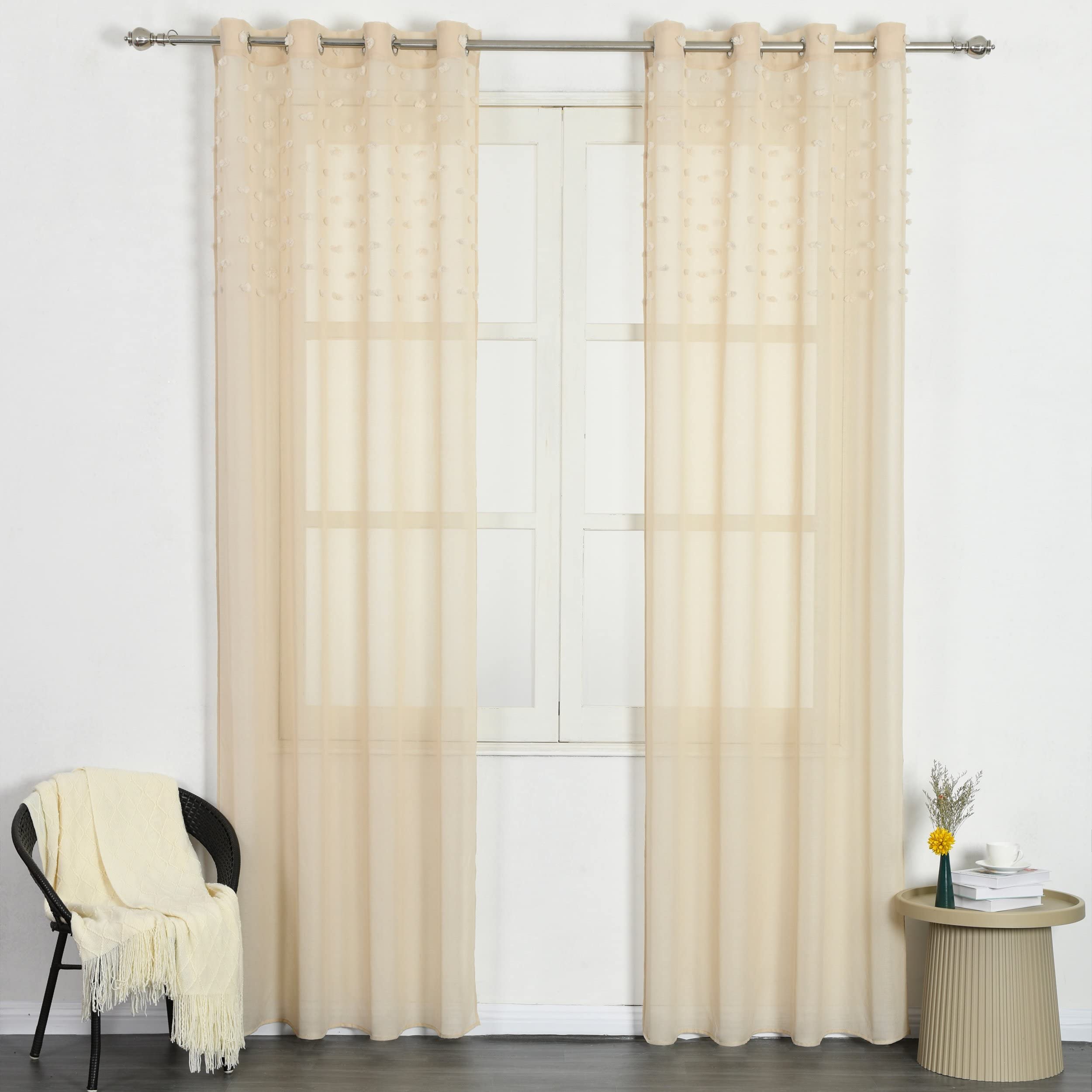DALINA Textil - Cortinas para Salón Dormitorio Translúcido 2 Piezas de 140x260cm, Visillo para Ventana con diseño de Pompones Tejido de Gasa Fina 100% Poliéster, Cortina con Ojales Color Beige