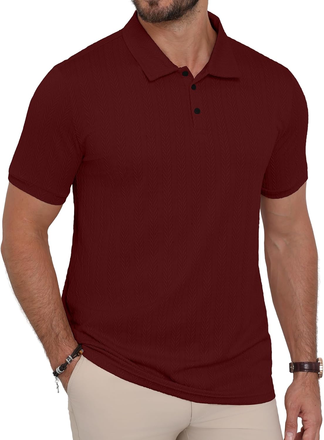 KUYIGO Mens Textured Polo Shirt Casual Collared Shirt Regular Fit Stretchy Golf Shirts