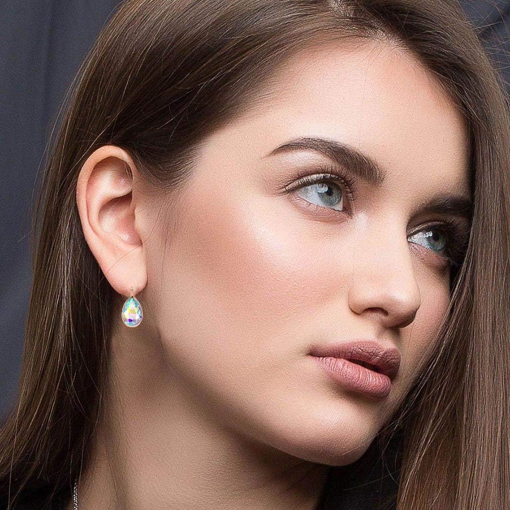 Teardrop Austrian Crystal Leverback Drop Earrings for Women 14K Rose Gold Plated Hypoallergenic Jewelry - Image 8