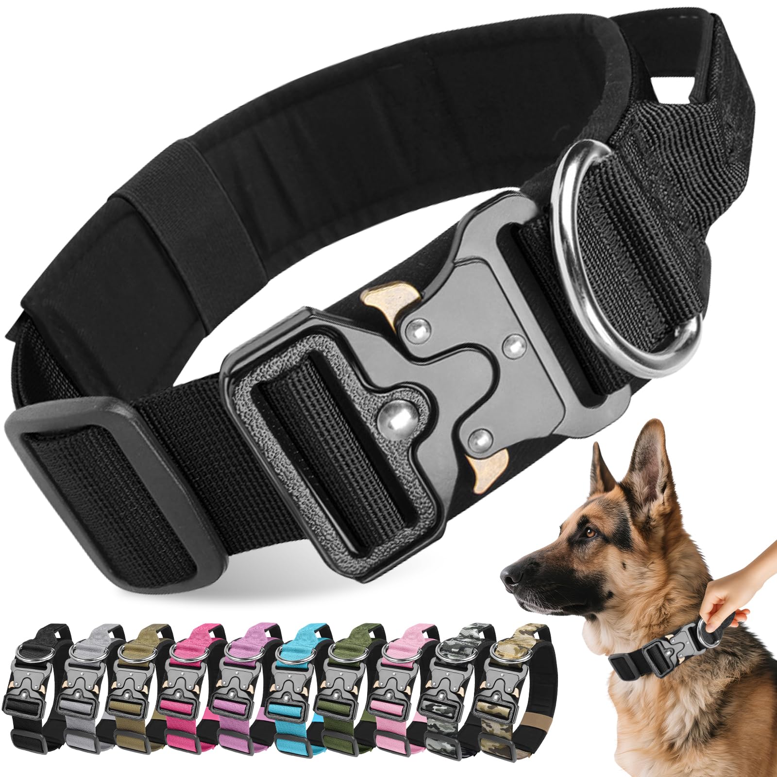Collar Tactico para Perro, Ancho Collares Perro con Mango de Control, Collar para Perros Ajustable y Resistente, Cómodo Nylon Suave para Perros Pequeños Medianos Grandes (Negro, M)
