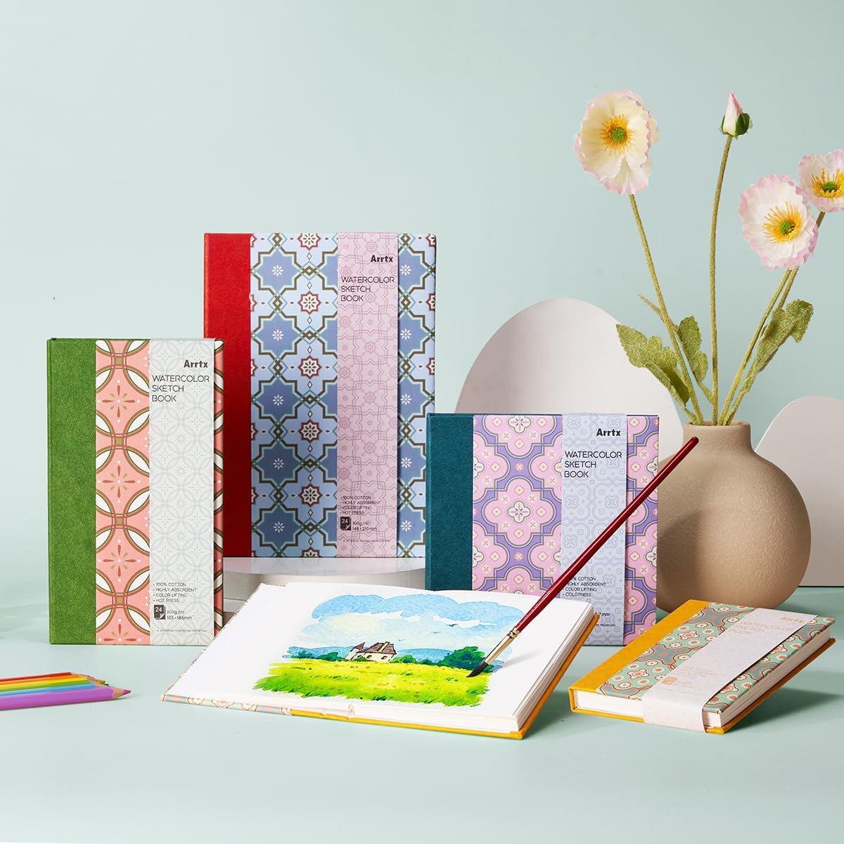 Arrtx Watercolor Journal, 7.28x4.13'', 140 LB, 300 GSM, 100% Cotton Paper, Hot Press, 24 Sheets, Hardcover Watercolor Sketchbook for Use As Travel Notebook for Artists Adults Students image 7