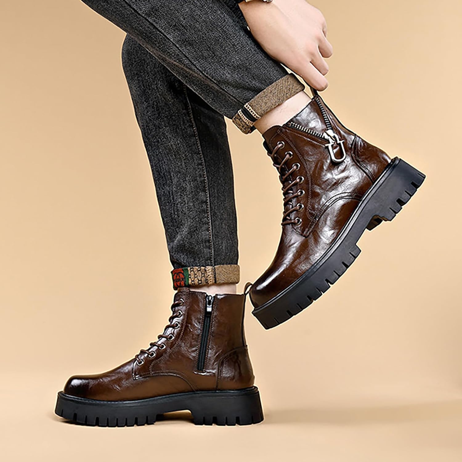 Men'S Genuine Leather Platform Combat Boots Fashion Lace Up Side Zipper Lug Sole Non-Slip High Top Motorcycle Boots Comfort Outdoor Waterproof Soft Sole Work Ankle Booties - Image 7