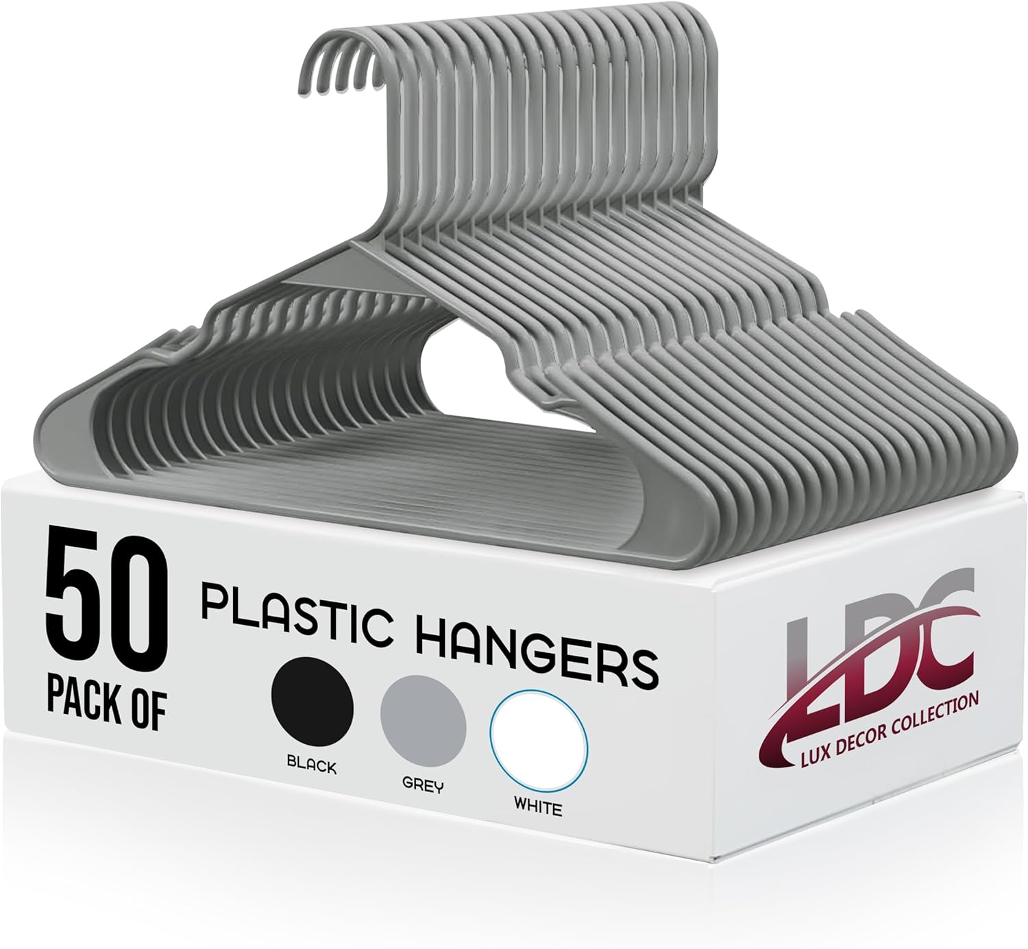 LDC Grey Plastic Hangers 50 Pack - Perchas para Colgar Ropa - Heavy Duty, Space Saving Coat Hanger with Shoulder Grooves