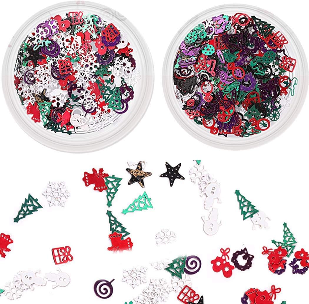 Sethexy 3D Christmas Nail Art Accessories Colorful Metal Studs DIY Sequins Glitter Alloy for Art Nails Design(2 Boxes)