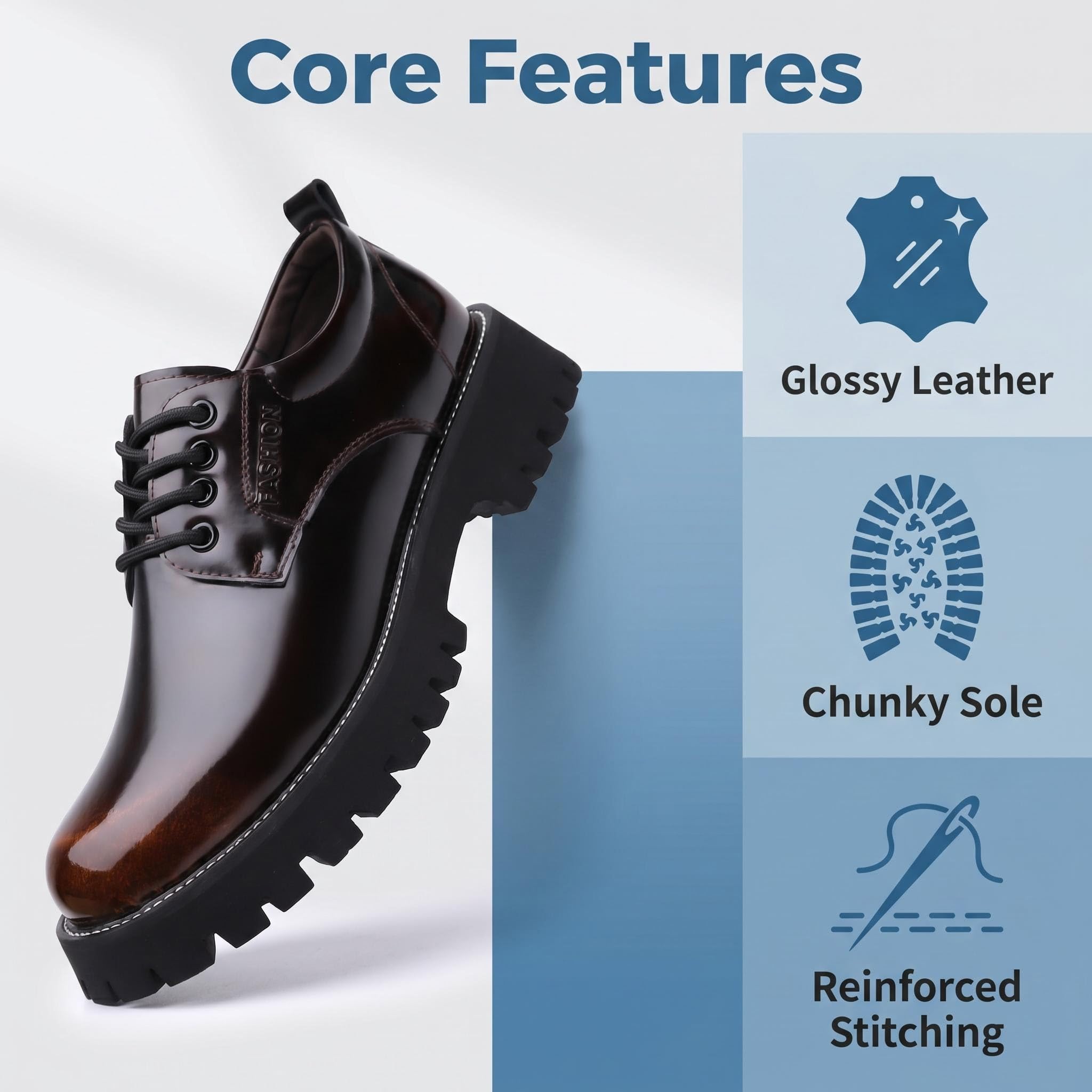 Scarpe Derby Uomo Pelle Verniciata Lucida Platform Suola Spessa Dentata Stringate Vintage Marroni Altezza Aggiunta, Scarpe Eleganti Casual Business Cerimonia Antiscivolo