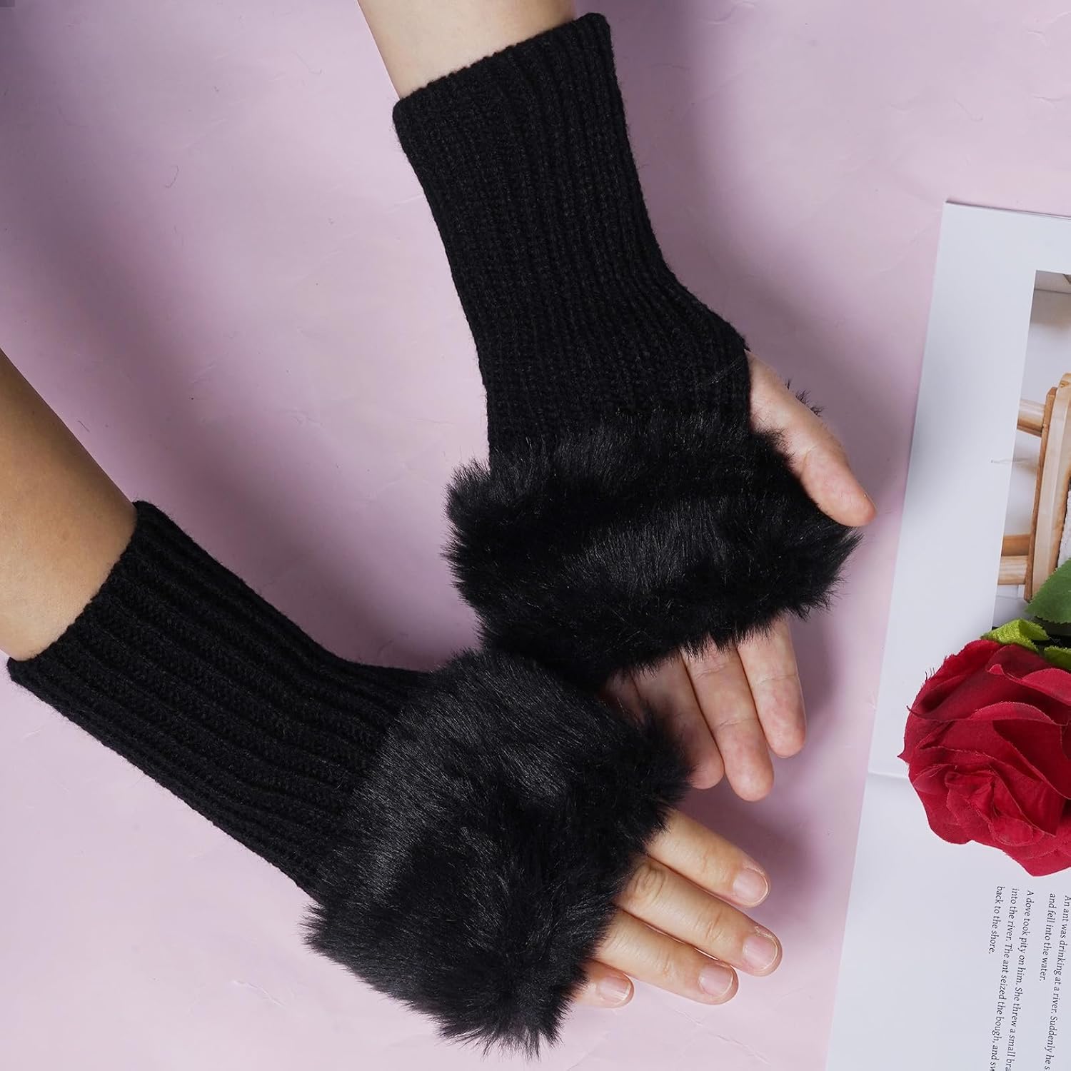 Winter Faux Fur Fingerless Gloves Faux Fur Half Finger Warmers Fingerless Gloves for Women Girls Winter Driving Working - Image 5