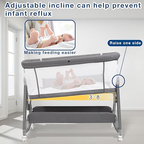 Miniatura 5 de Moisés 3 en 1 para bebé, moisés de noche ajustable en altura para recién nacidos y bebés con colchón, cesta de almacenamiento y ruedas (gris)