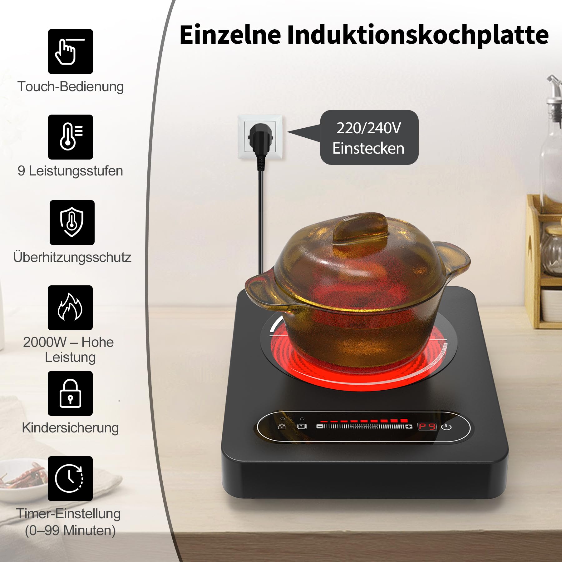 VBGK Glaskeramik Kochfeld 1 Platte Tragbar, 220V 2000W, Kochplatten 1er mit LED-Touch-Steuerung, 9 Leistungsstufen, Timer, Sicherheitsschloss, Restwärmeanzeige für Einzelbrenner Elektrokochfeld