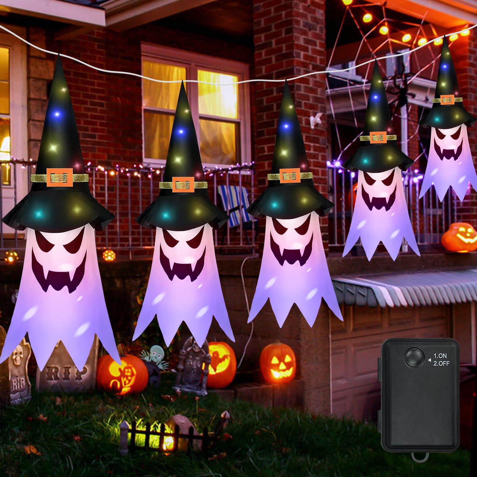 Guirlande Lumineuse Fantômes Halloween – 5 Fantômes Avec Chapeaux De Sorcière – Déco Extérieure étanche, Piles Non Incluses – Pour Jardin, Porte, Balcon