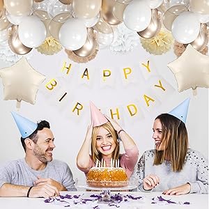Rabbmall Birthday Decorations for Women White Sand Champagne Gold Party Decor Supplies Including Happy Birthday Banner Confetti Latex Nude Balloon Foil Balloon and Ribbon
