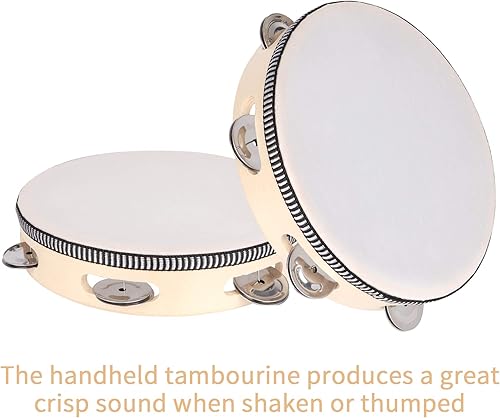 Miniatura 4 de Panderetas Instrumento musical para adultos, 8 pulgadas de madera de tamborina de tamborina con melancías de metal de abedul, pandereta de mano de
