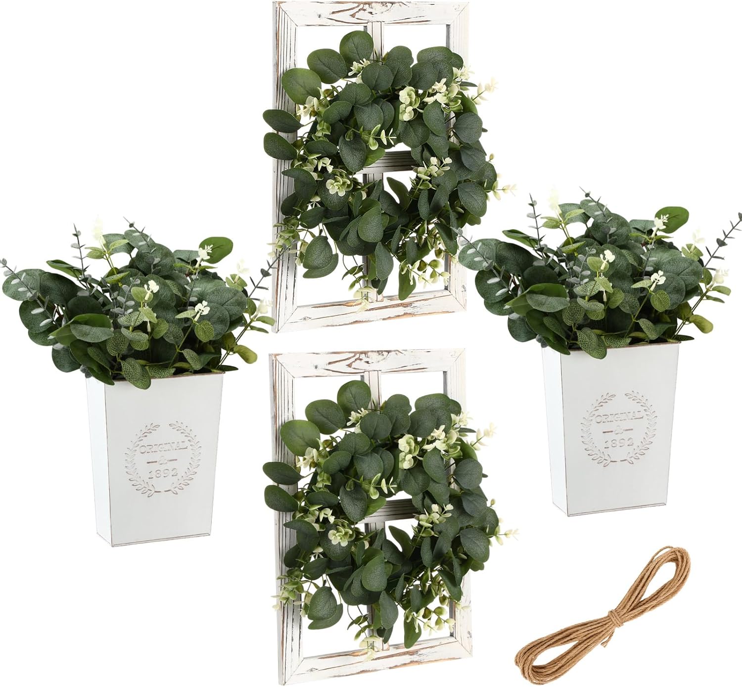 4 Sets 67 Pcs Farmhouse Wall Decor Set Rustic Window Frame Wall Decor with Eucalyptus Wreath and Metal Walls Planters Vintage Farmhouse Walls Art for Living Room Entryway(Square)