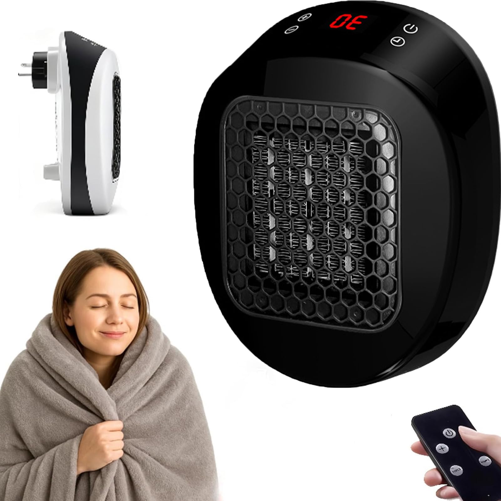 Calefactor Portátil Luna para Dormitorio Y Oficina, Mini Enchufable con Mando A Distancia, Calentamiento Cerámico Rápido En 3 Segundos Temporizador De 12 Horas Black