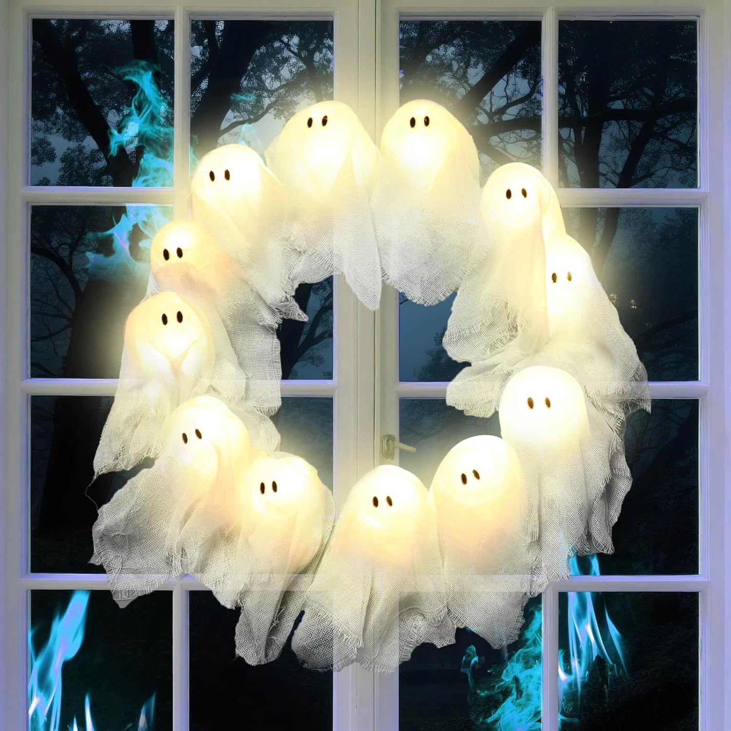 Halloween Ghost Wreath with 12 LED Lights - Light-Up White Ghost Garland for Front Door, Indoor Outdoor Hanging Decor, Window, Porch, Wall, Patio, Garden, and Halloween Party Home Decor