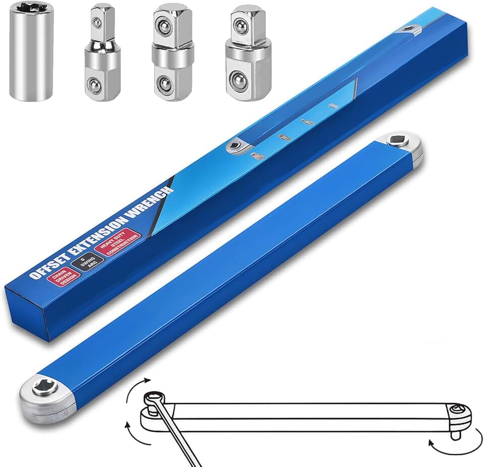 Offset Extension Wrench,15 Inch Impact Ready Socket Wrench Extender Tool Set with 1/2", 1/4" and 3/8" Square Drive Adapters, Zero Degree Ratchet Tool for Car Blue (Blue)