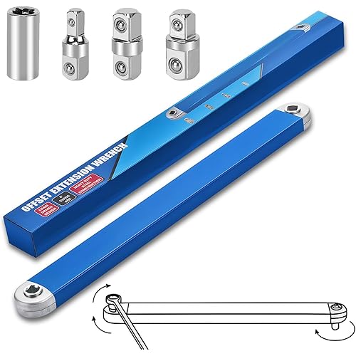 Offset Extension Wrench,15 Inch Impact Ready Socket Wrench Extender Tool Set with 1/2", 1/4" and 3/8" Square Drive Adapters, Zero Degree Ratchet Tool for Car Blue ﻿ (Blue)