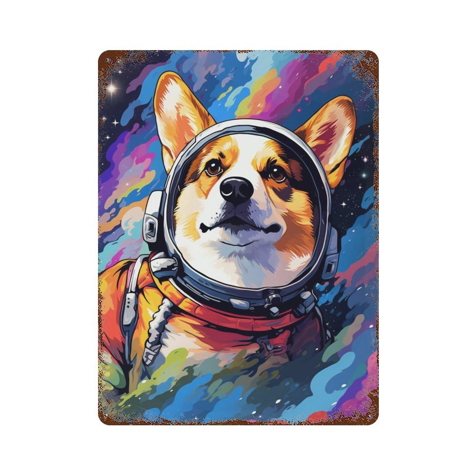 Corgi Astronaut in Space -24 Rust Effect Tin Sign 15.7"x11.8", Farmhouse Wall Decor for Bistro, Counter And Cafe Decor