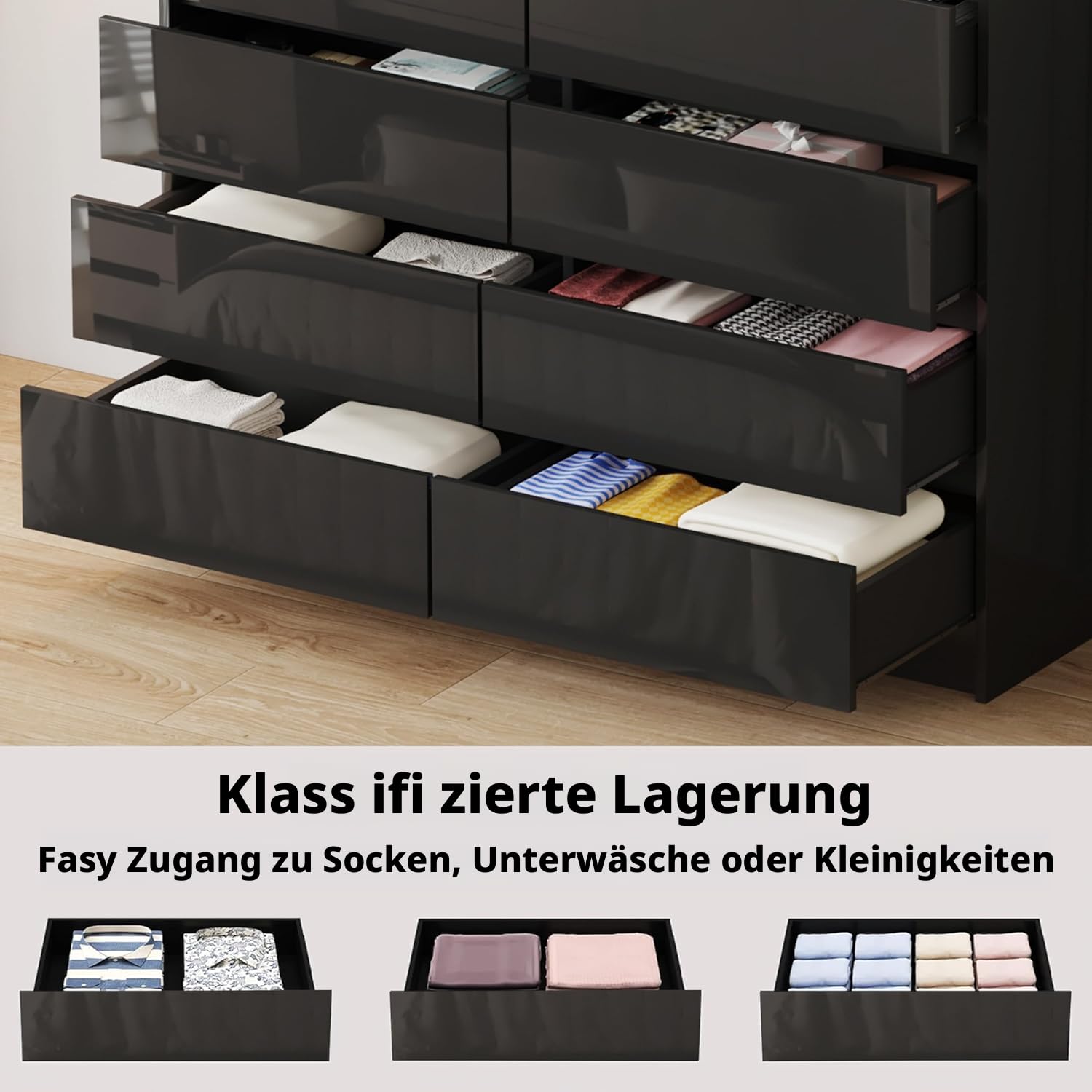LSLIFE Weiße Kommode mit 6/8 Schubladen Hochglanz Schlafzimmerschrank Nachttisch Sideboard Stauraum Möbel für Wohnzimmer Büro Flur (Black 8 Drawer)