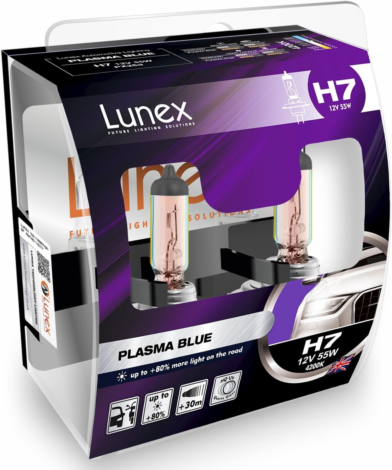 LunexH7 PLASMA BLUE Headlight Halogen Bulbs 477 12V 55W PX26d 4200K duobox (2 units)