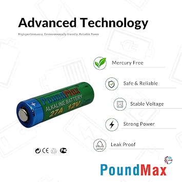 Poundmax 5 adet 27A, L828, özel alkali pil, 12 V, A27, V27A, LR27A, MN27, GP27A, V27GA saatler, uzaktan kumandalar, hesap makinesi, kompakt, uzun ömürlü ve yüksek performans