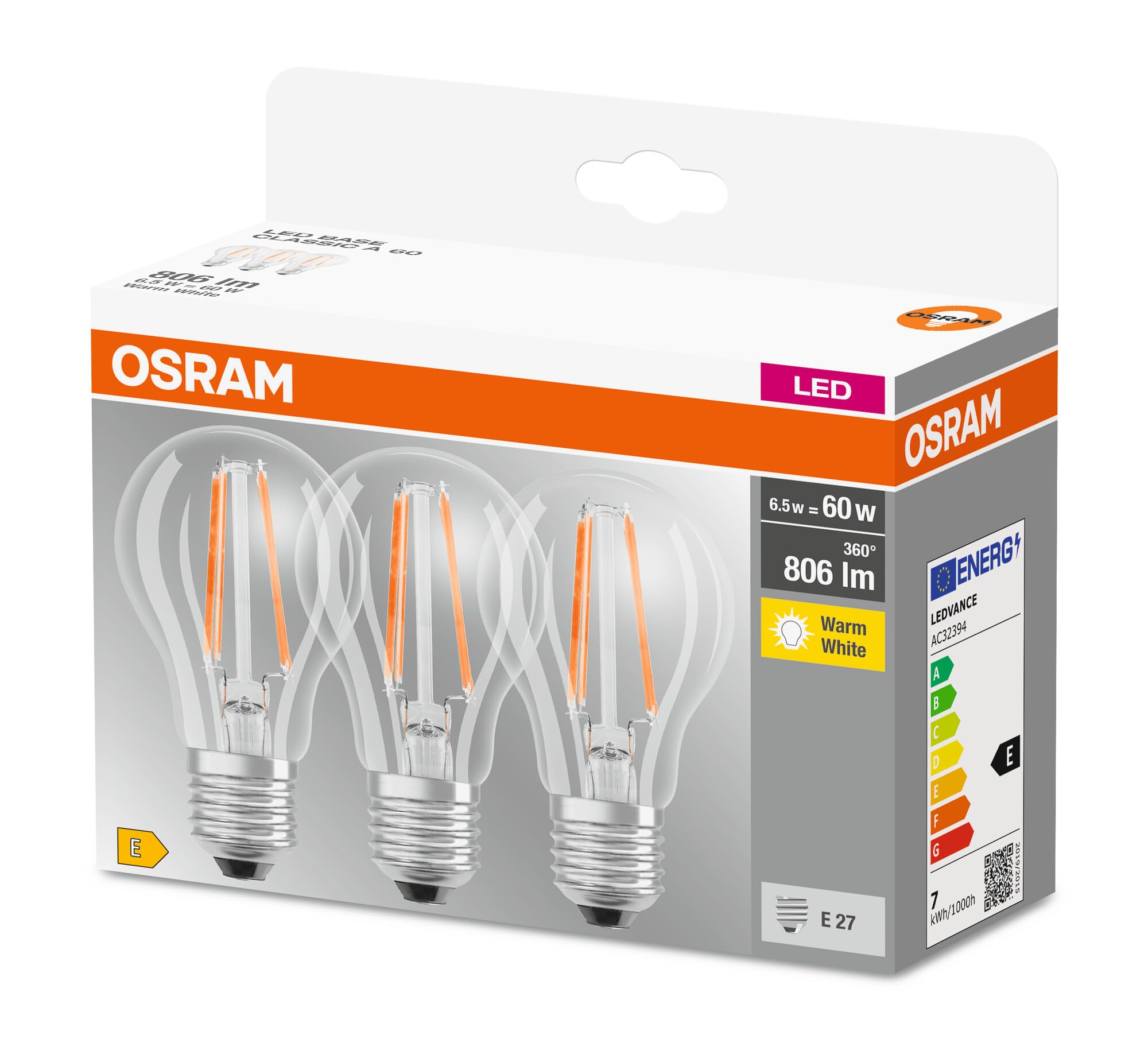 OSRAM Lampa LED | Trzonek: E27 | Ciepły biały | 2700 K | 7 W | przezroczysta | LED BASE CLASSIC A [Klasa efektywności energetycznej A++]