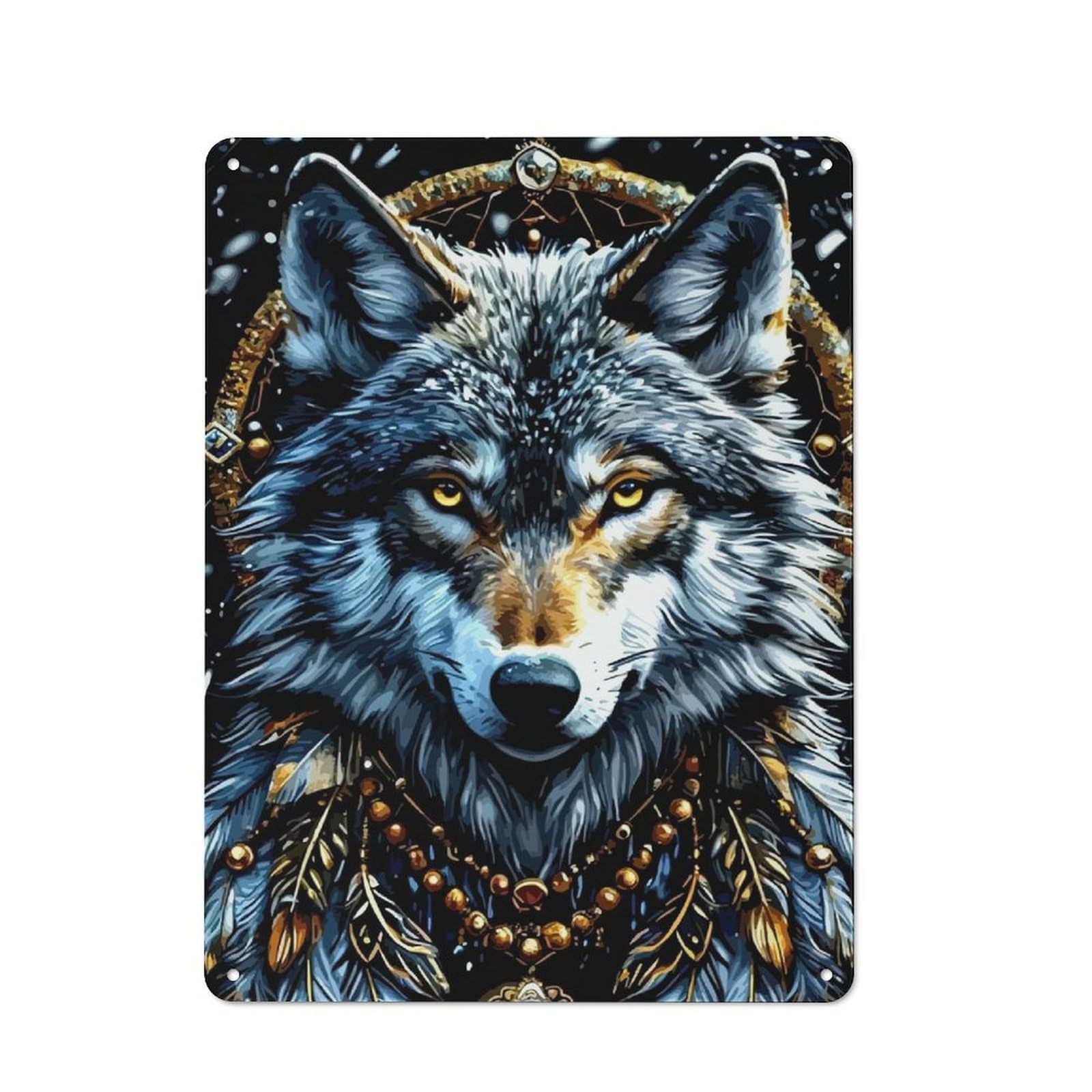 Junmoney Style-2 Wolf Portrait With Dreamcatcher Elements Rustic Metal Sign 40X30cm For Garden Room Or Summerhouse, For Themed Interiors In Garden Rooms And Summerhouses