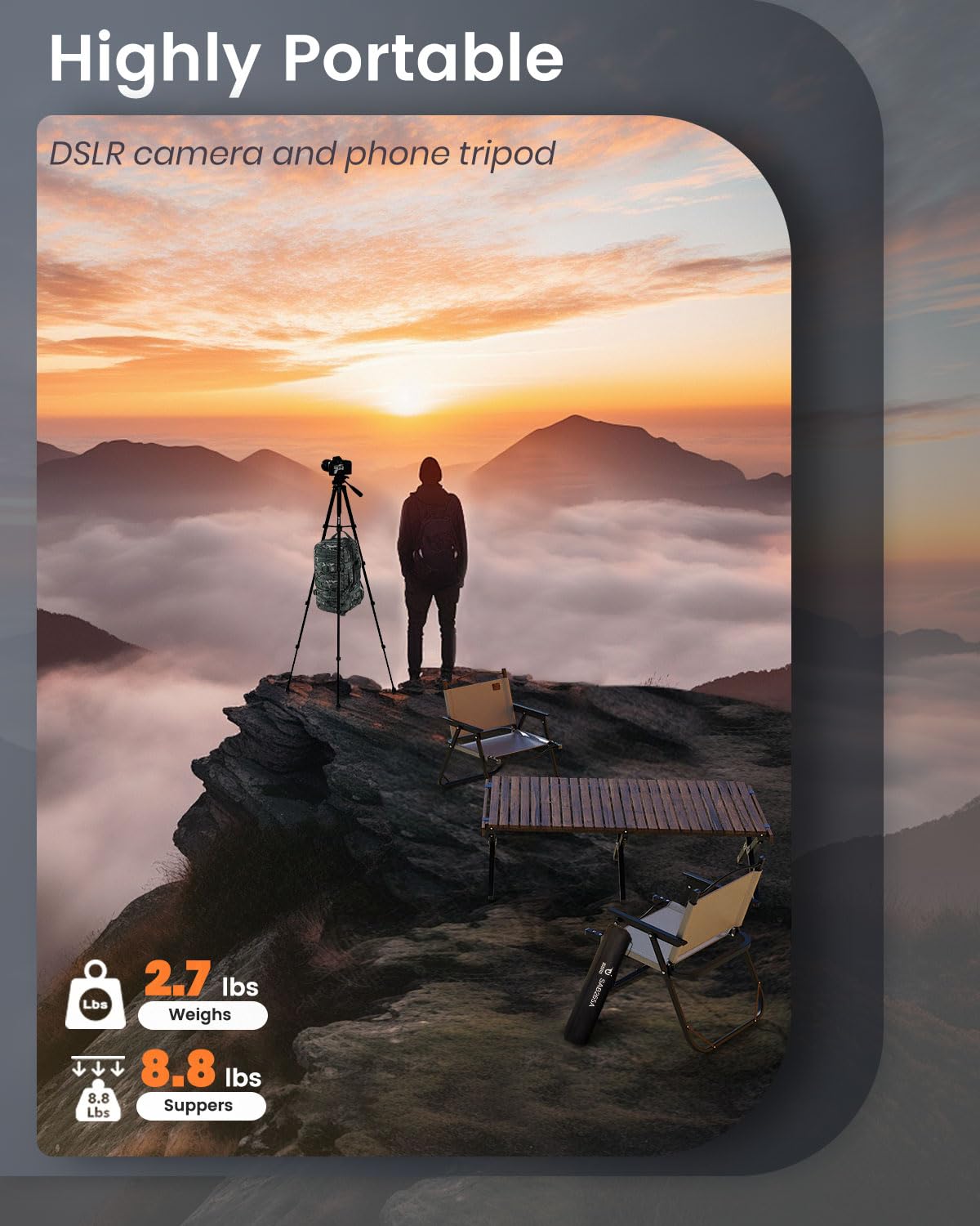 Treppiede per fotocamera da 185,4 cm, compatibile con GoPro/DSLR/cellulare/videocamera, treppiede professionale in alluminio con supporto per telefono, borsa da viaggio, carico massimo 4 kg (nero)