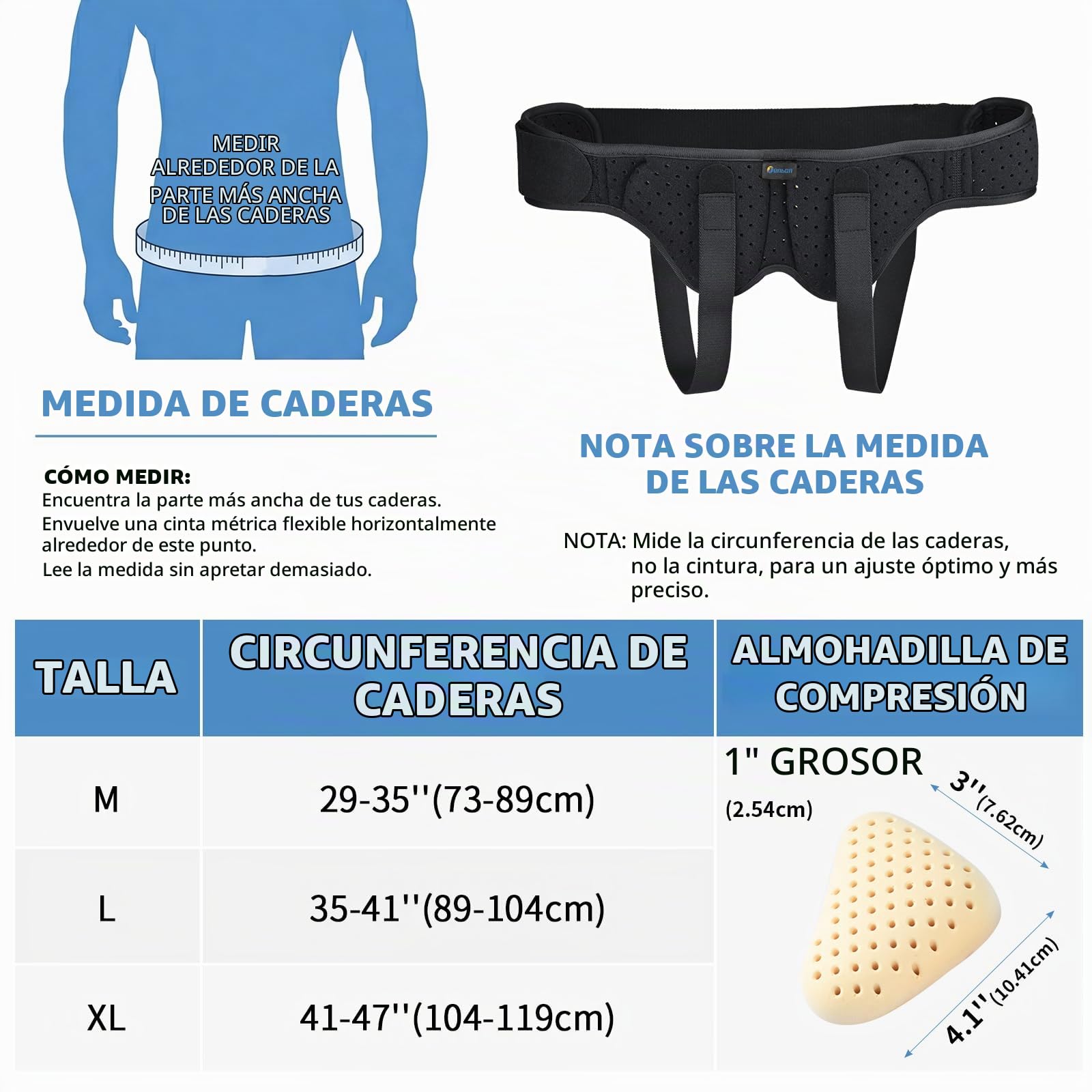 Tenbon Cinturón Soporte Hernia Inguinal Hombre Mujer - Braguero Postoperatorio/Preoperatorio Universal con Almohadillas Extraíbles, Alivia Dolor Ingle Izquierdo/Derecho, Correa Ajustable (Large)