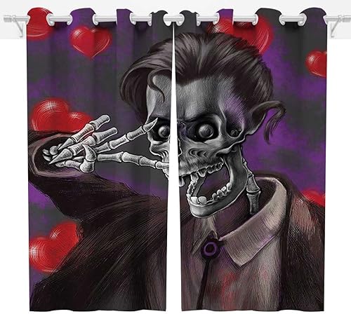 Miniatura 2 de Cortinas de calavera para habitación, 2 paneles, cortinas negras y rojas, bloqueo de luz para decoración de 85 pulgadas de ancho x 108 pulgadas de