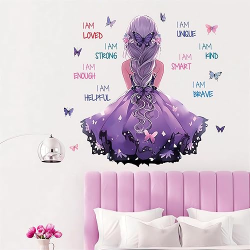 Miniatura 4 de Pegatinas inspiradoras de pared para niña de cola de caballo morada, citas motivacionales de sacinora para pared, calcomanías de pared de mariposa,