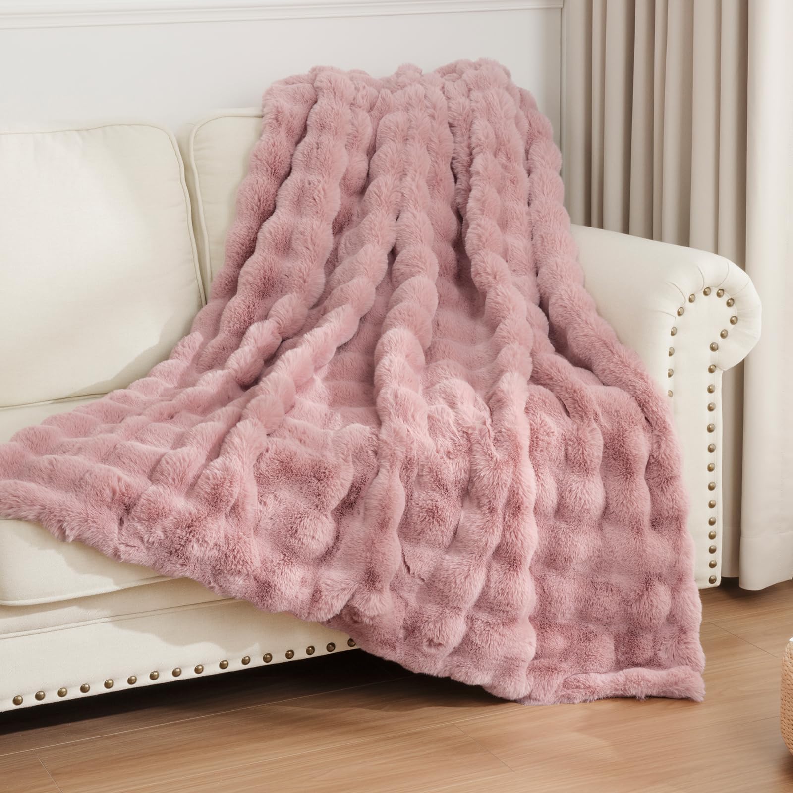 Enyhom Bubble Decke 152x203 cm Rosa, Kaninchen Fellimitat Flauschig Weiche Warme Kuscheldecke, Sofadecke für Sofa Couch Bett Haustier Schlafzimmer Wohnzimmer Deko