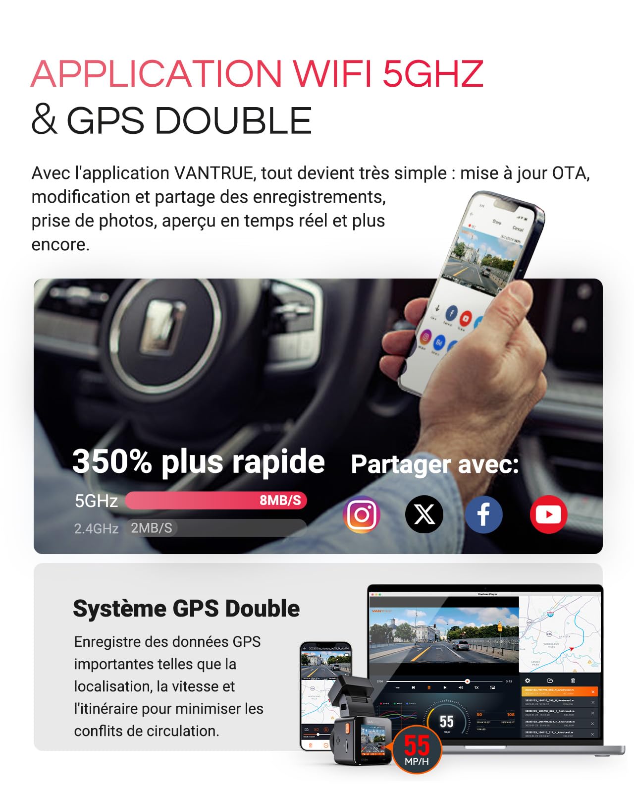 VANTRUE E1 Pro 4K HDR STARVIS 2 Dashcam Voiture Avant, Mini Caméra Embarquée Caché 5Ghz WiFi GPS avec CPL, Contrôle Vocale Français, 160°Mode Parking 15s Pré-Enregistrement, Vision Nocturne Max 1 to