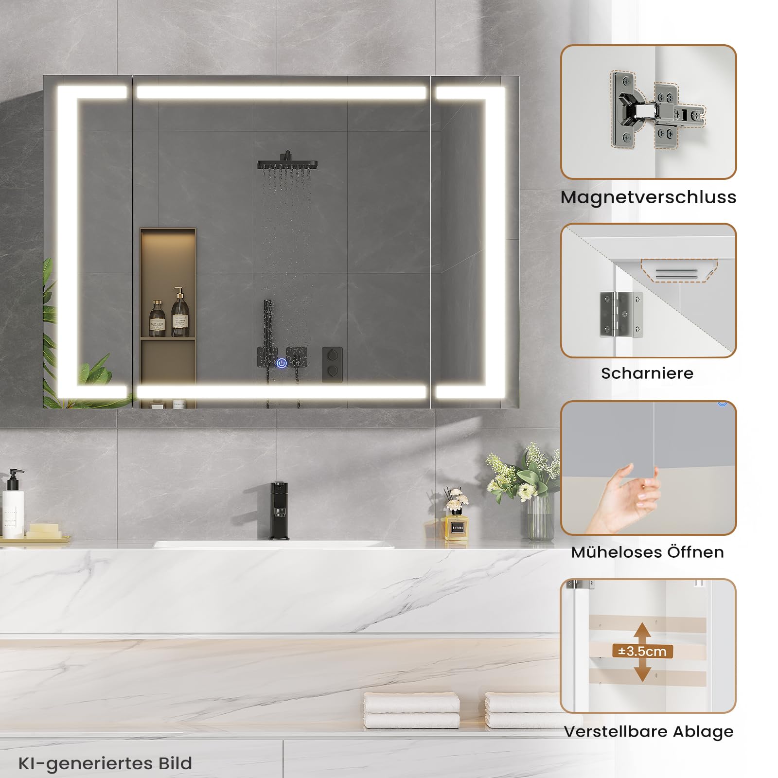 Spiegelschrank Bad mit LED Beleuchtung & Steckdose, 80x60x17 cm | Badezimmer Spiegelschrank mit 3 Farben Dimmbar & HD Spiegel, Badezimmerschrank mit 3 Tür 9 Fächer, verstellbaren Regalen,Weiß