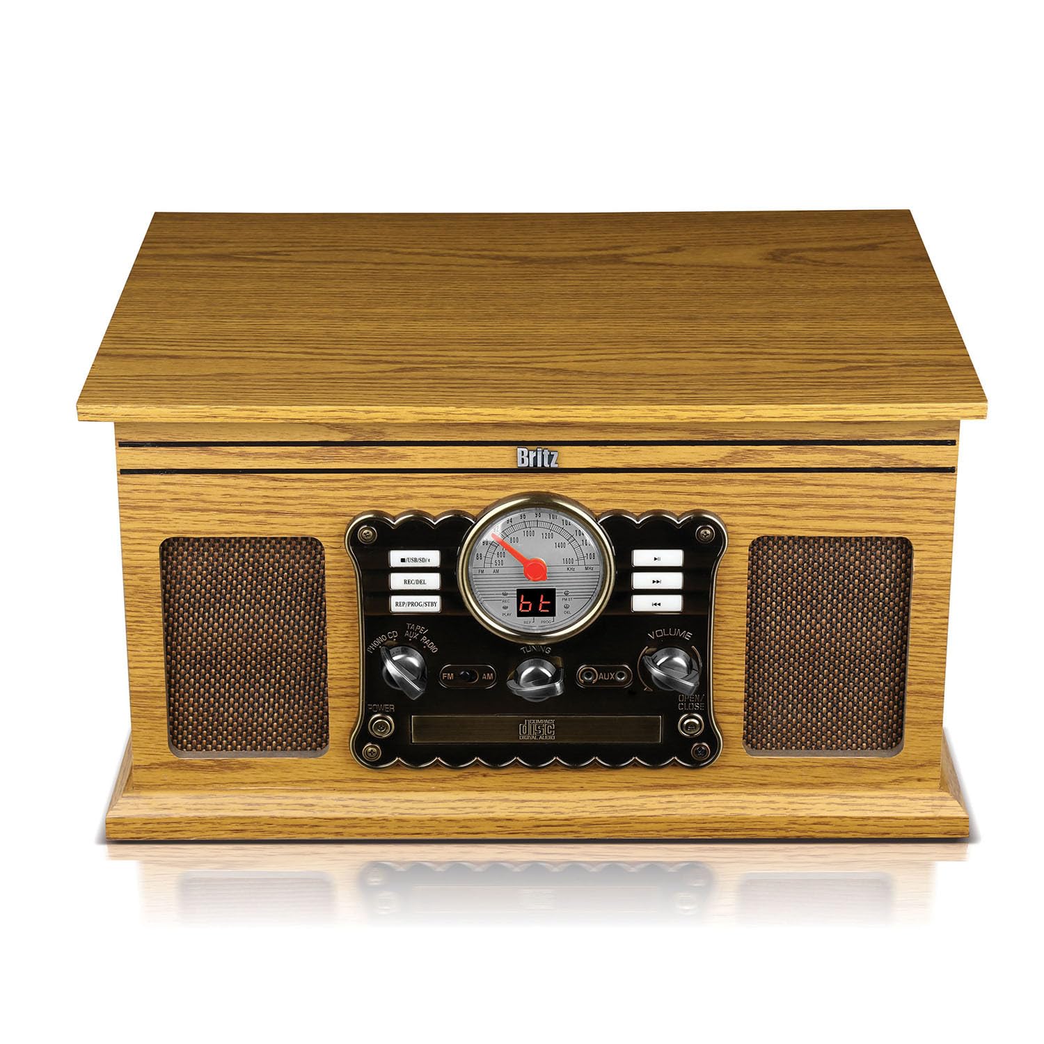 Tourne-Disque Stéréo - Britz - 50W- 33/45/78 Tours - Lecteur CD/Casette, USB SD/Bluetooth Radio FM/Look Retro, Ampoule