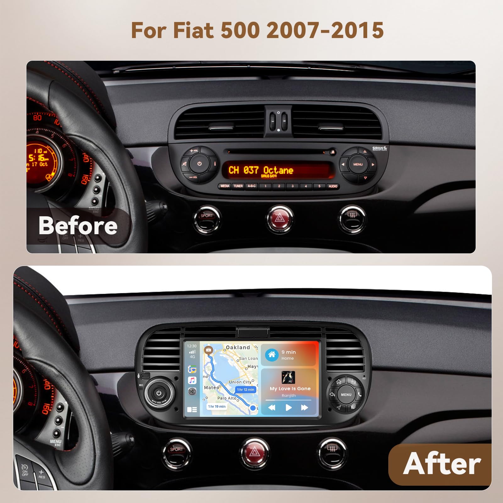 Radio samochodowe Android 15 4+64 GB dla FIAT 500 2007-2015 z ekranem dotykowym 7 Zoll IPS, radio samochodowe 2DIN z bezprzewodowym odtwarzaczem Carplay Android Auto, FM/RDS Radio BT GPS WiFi