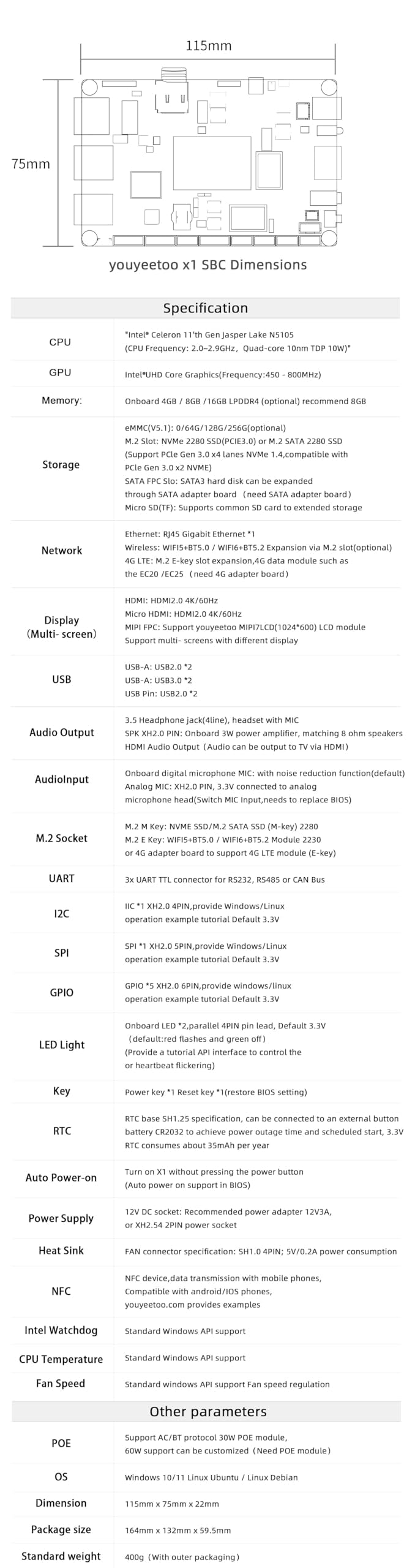 WayPonDEV youyeetoo X1 X86 Single Board Computer - A 64bit Windows 10/11/Linux Mini PC with In-tel Celeron N5105, Support Optional WiFi&BT, M.2 2280 NVMe or SATA SSD (8GB RAM+0GB Storage) — view 8