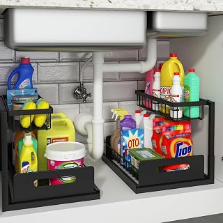 REALINN 2-Pack L-Shaped Pull-Out Under Sink Organizer - Slide-Out Cabinet Shelves for Kitchen Bathroom Storage, Fits Plumbing, Black