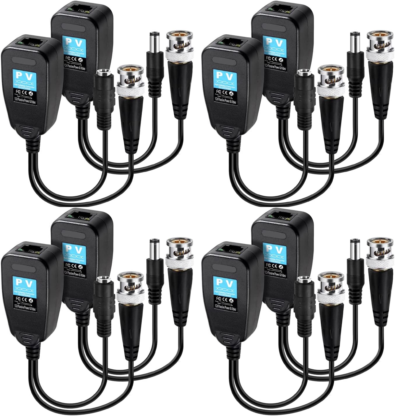 Passive Video Balun 4 Pairs RJ45 Transceiver Transmitter HD-CVI/TVI/AHD/CVBS with DC Built-in Transient Suppression Protection for 720P/960P/1080P/5MP CCTV Security DVR Surveillance Camera System