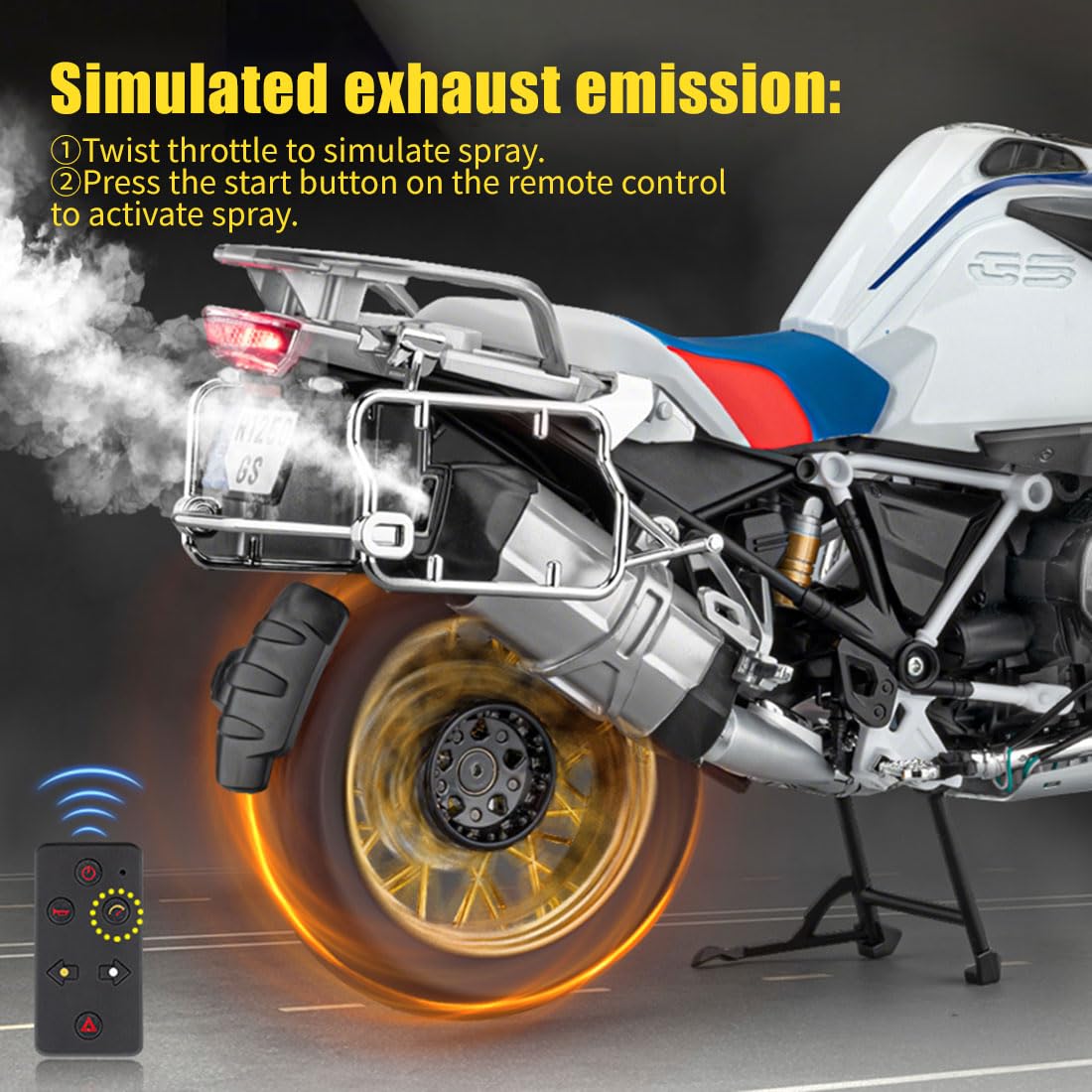 Moto RC in lega 1/6, modello di moto con telecomando a funzione completa con luci, suono, spray di scarico, trazione posteriore, motocicletta in scala realistica RTR(R1250GS nero)