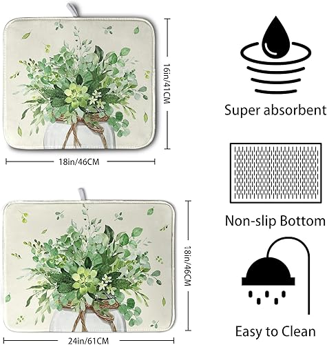 Vista 192 de Tapete de secado de platos con hojas de palma tropicales para encimera de cocina, 18 x 24 pulgadas, tapete de secado de cocina Monstera verde