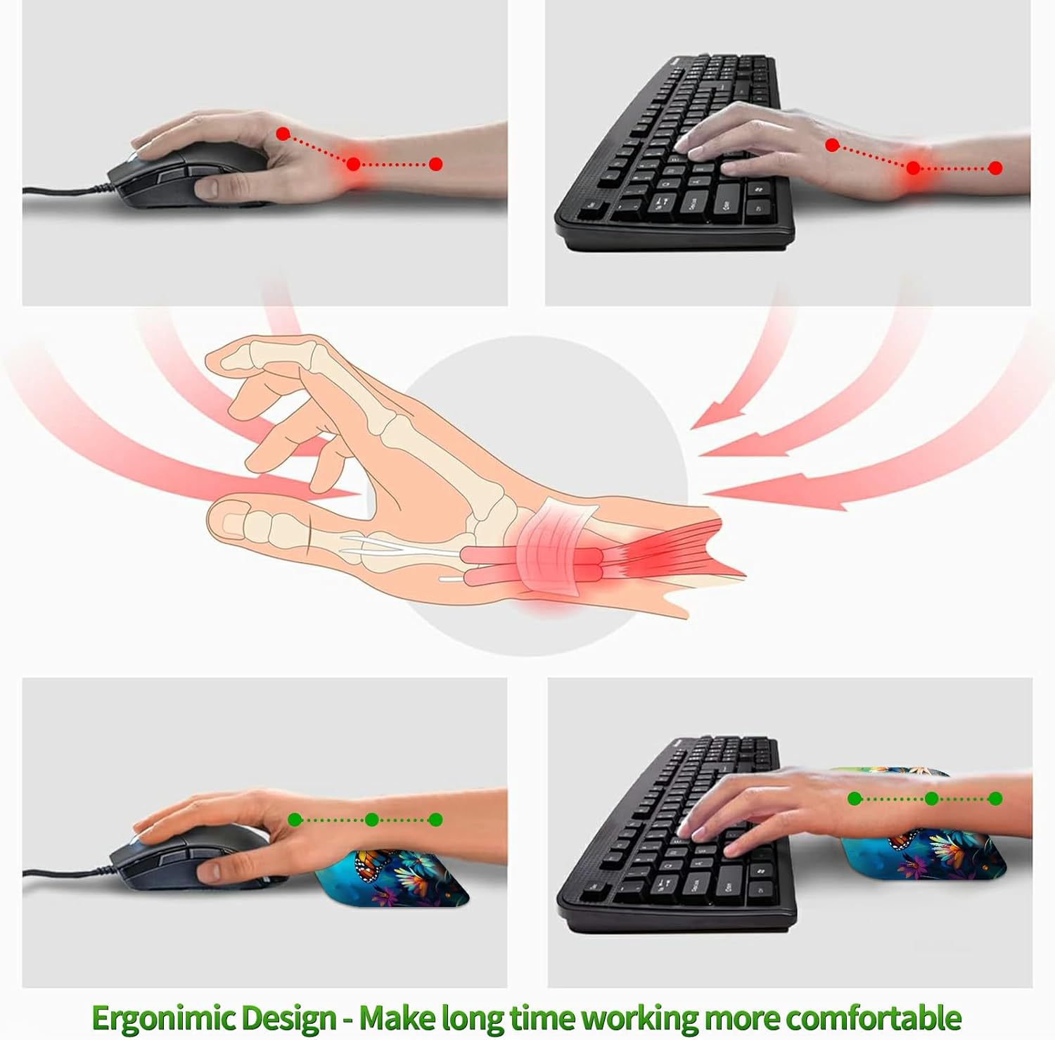 3-Piece Ergonomic Desk Mat & Cloud Wrist Rest Set, Large 31.5" x 11.8" Wave Office Desk Pad with Memory Foam Support Non-Slip Computer Protector for Home, Gaming & Writing, Daisy Butterfly