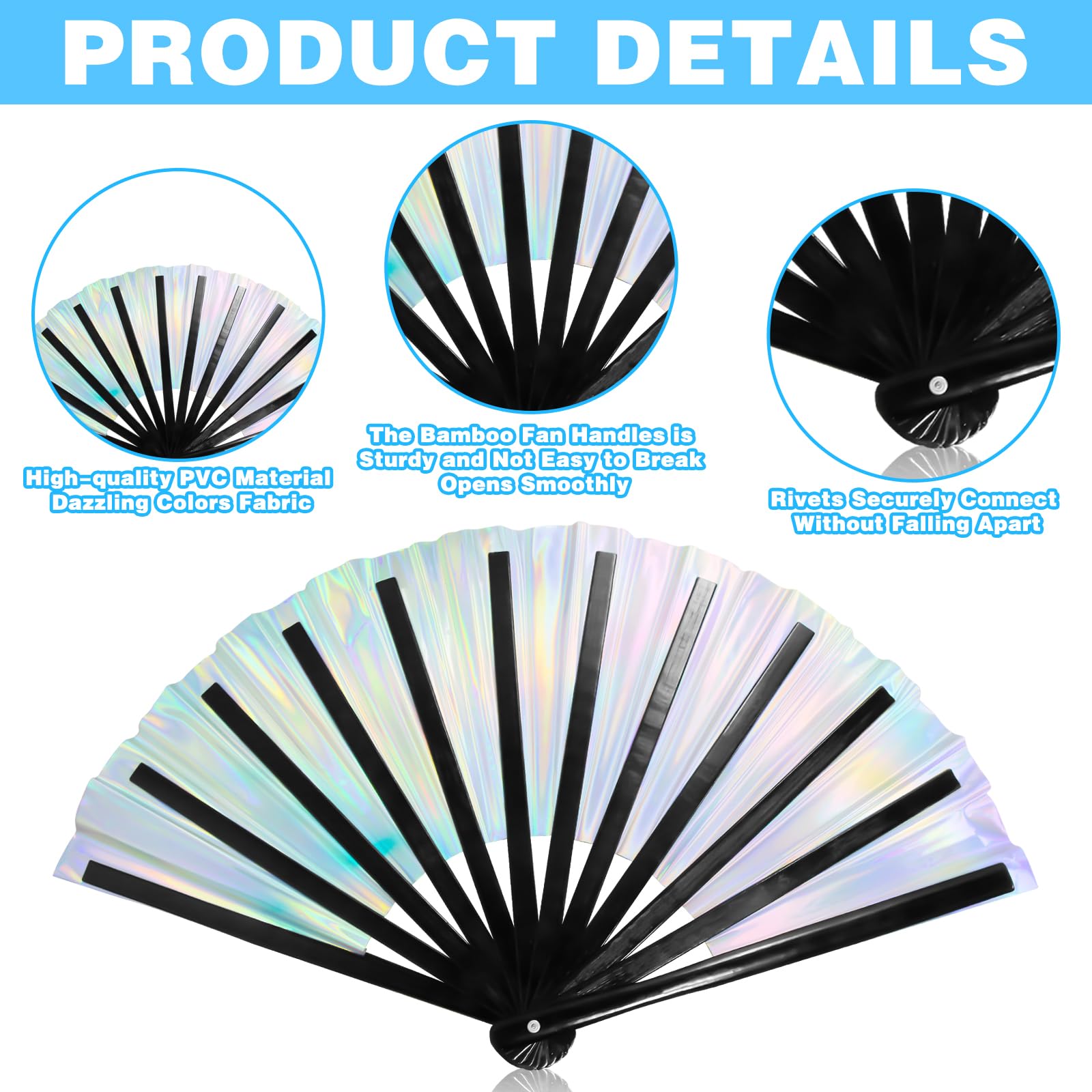 Silver Holographic Rave Hand Fan, Laser Iridescent Fan Large Folding Fan Festival Fan - Image 2