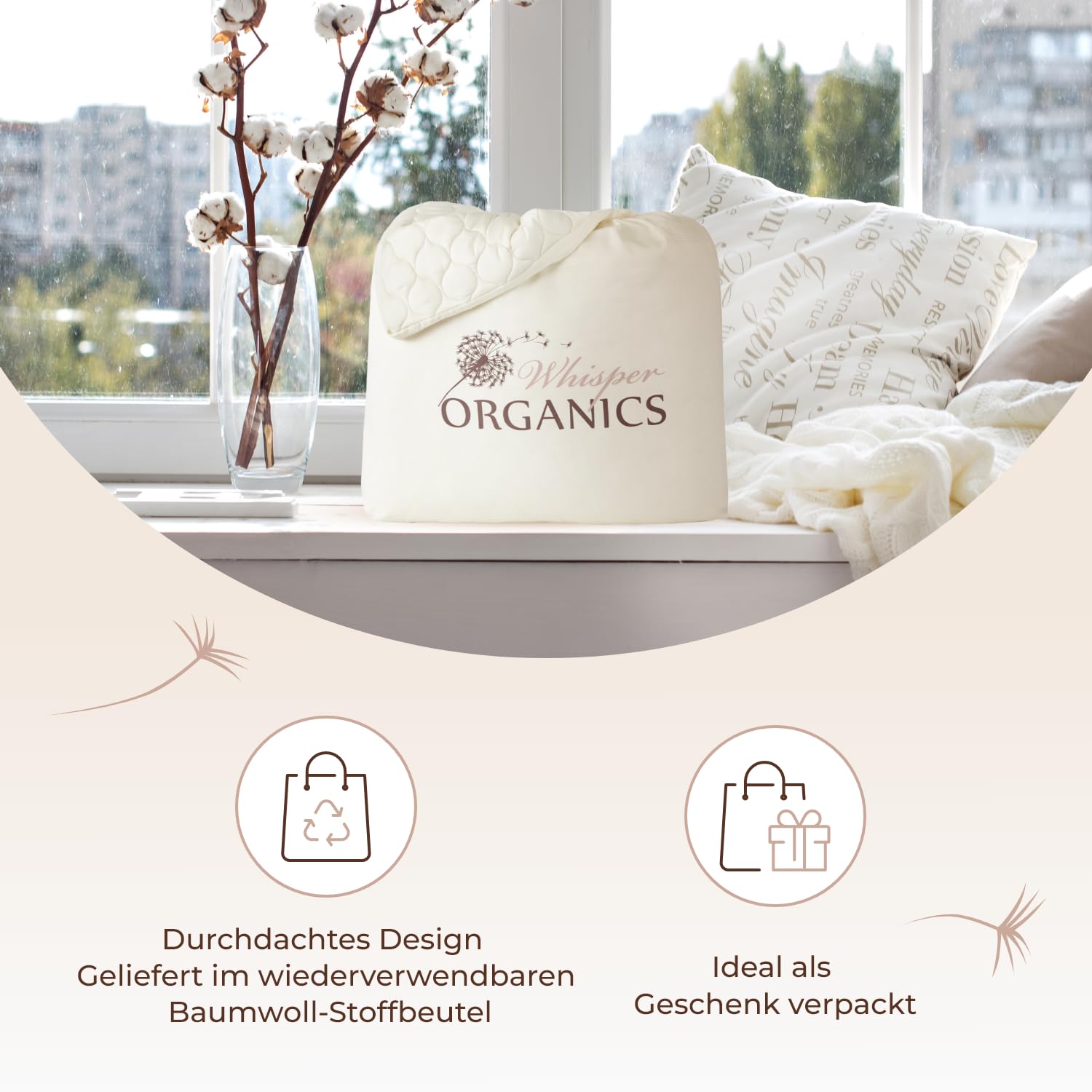 Whisper Organics 100% Bio-Baumwolle, gesteppter Matratzenschoner, atmungsaktive Matratzenauflage, 40 cm hoch, GOTS Zertifiziert, Matratzenbezug 140x200 cm, Elfenbein