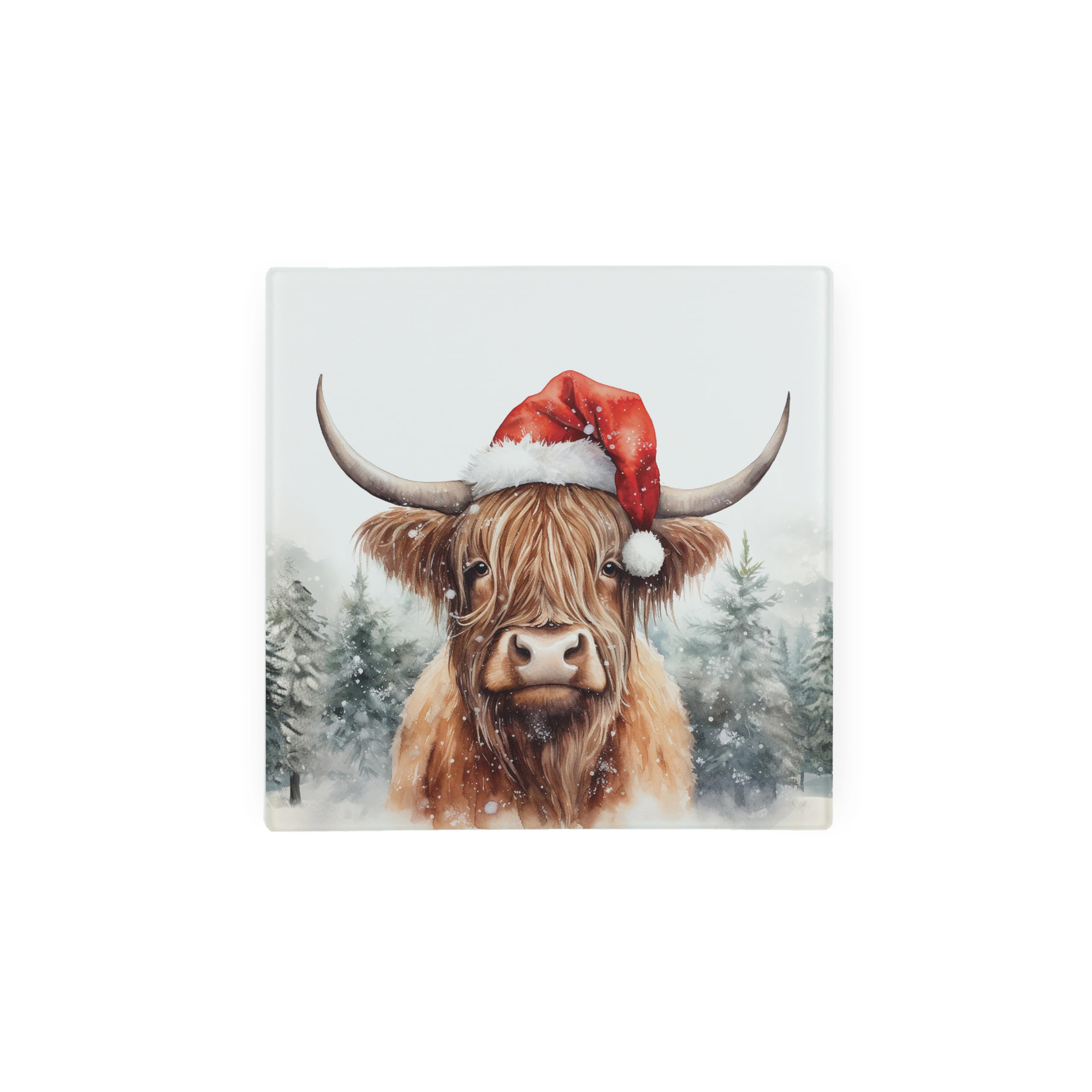 Christmas Highland Cow Glass Hot Pot Stand - Festive Xmas Gift Trivet - Kitchen Chopping/Cutting Board Worktop Protector with Non-Slip Feet 20cm x 20cm (8" x 8")