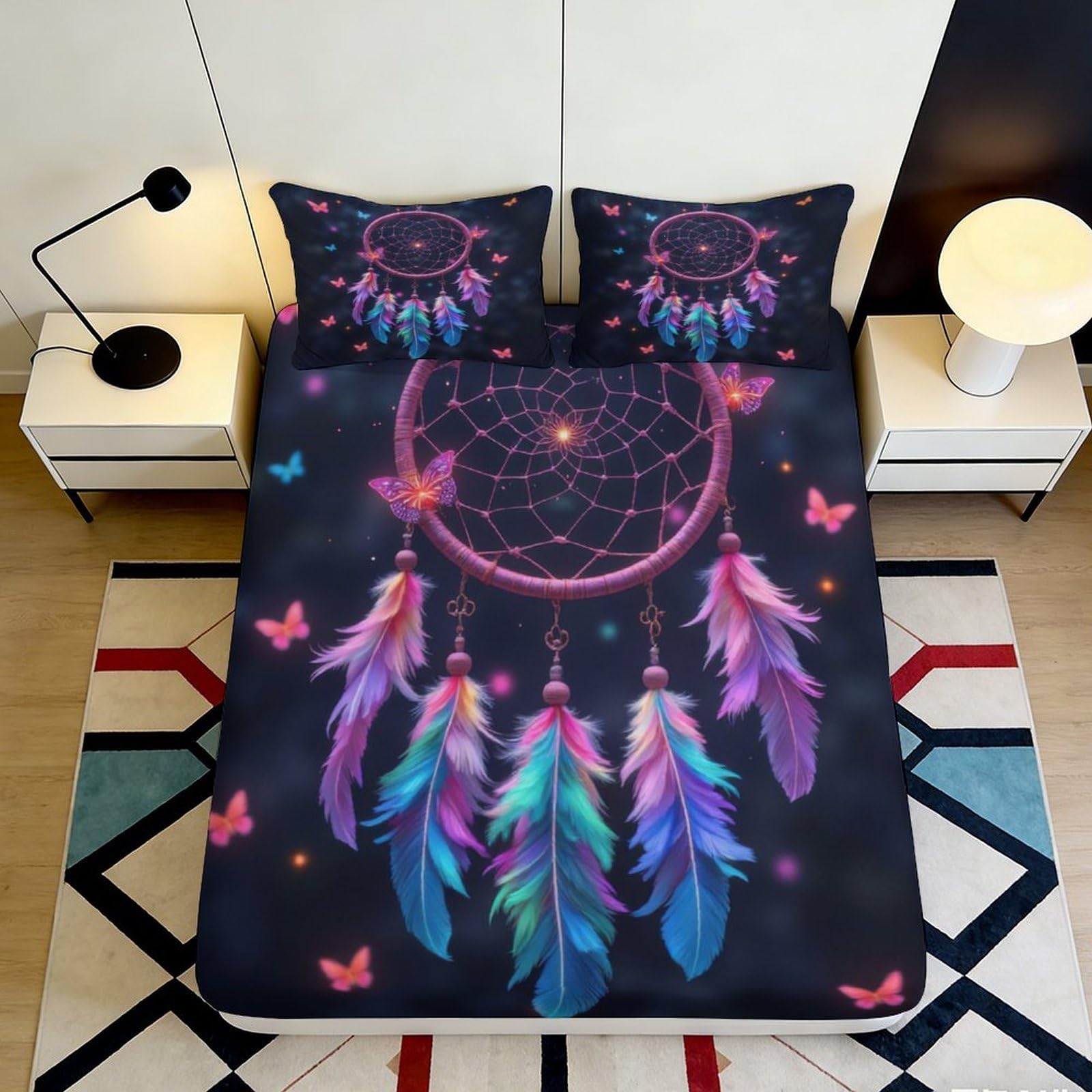 3D Printed Dreamcatcher Fitted Sheet Microfiber Soft Breathable Colorful Feather Bed Cover for Bedroom Dormitory Guest Room Mattress Protection 120x200x25cm