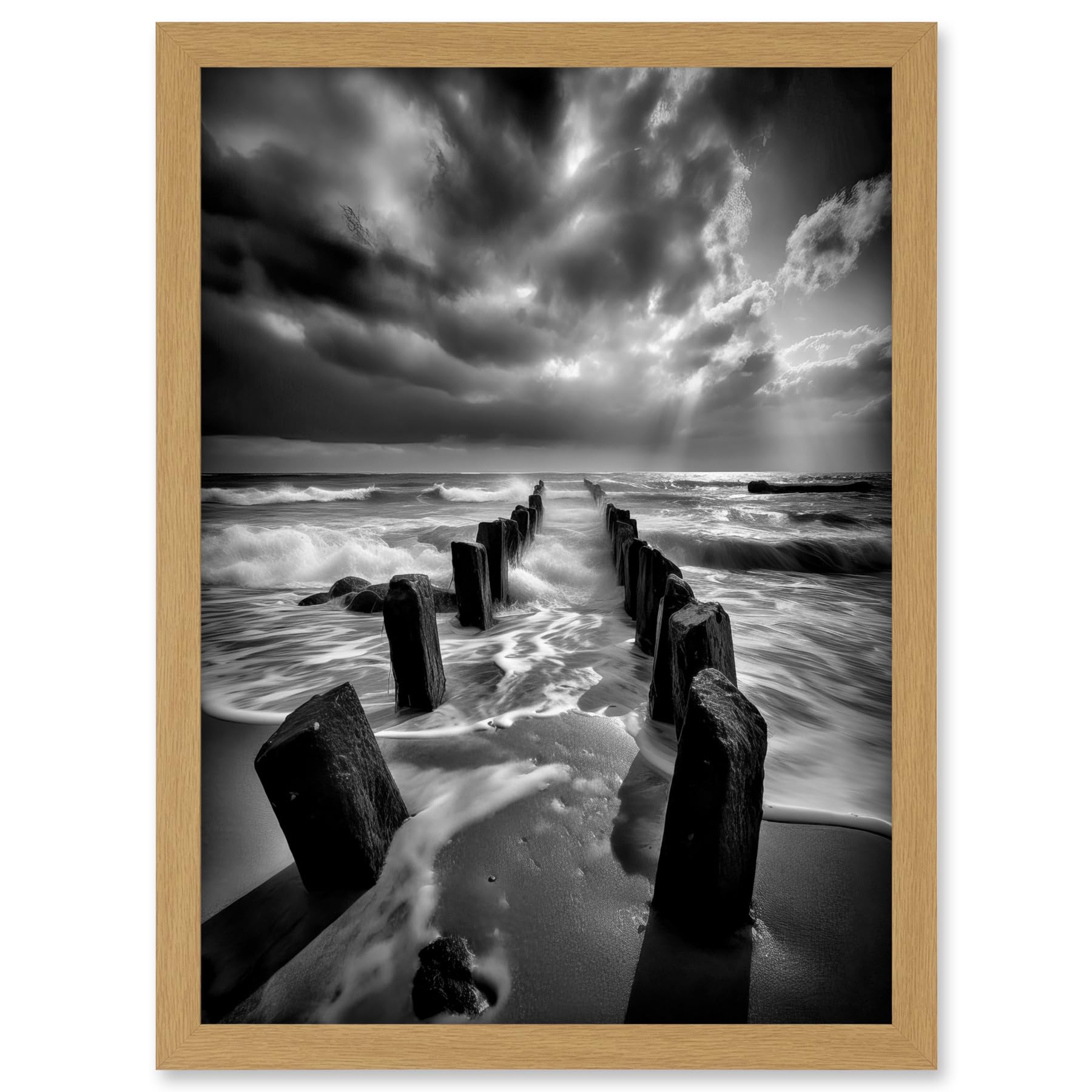 Artery8 Pier Ruins Black and White Dramatic Coastal Photo Artwork Framed A3 Wall Art Print