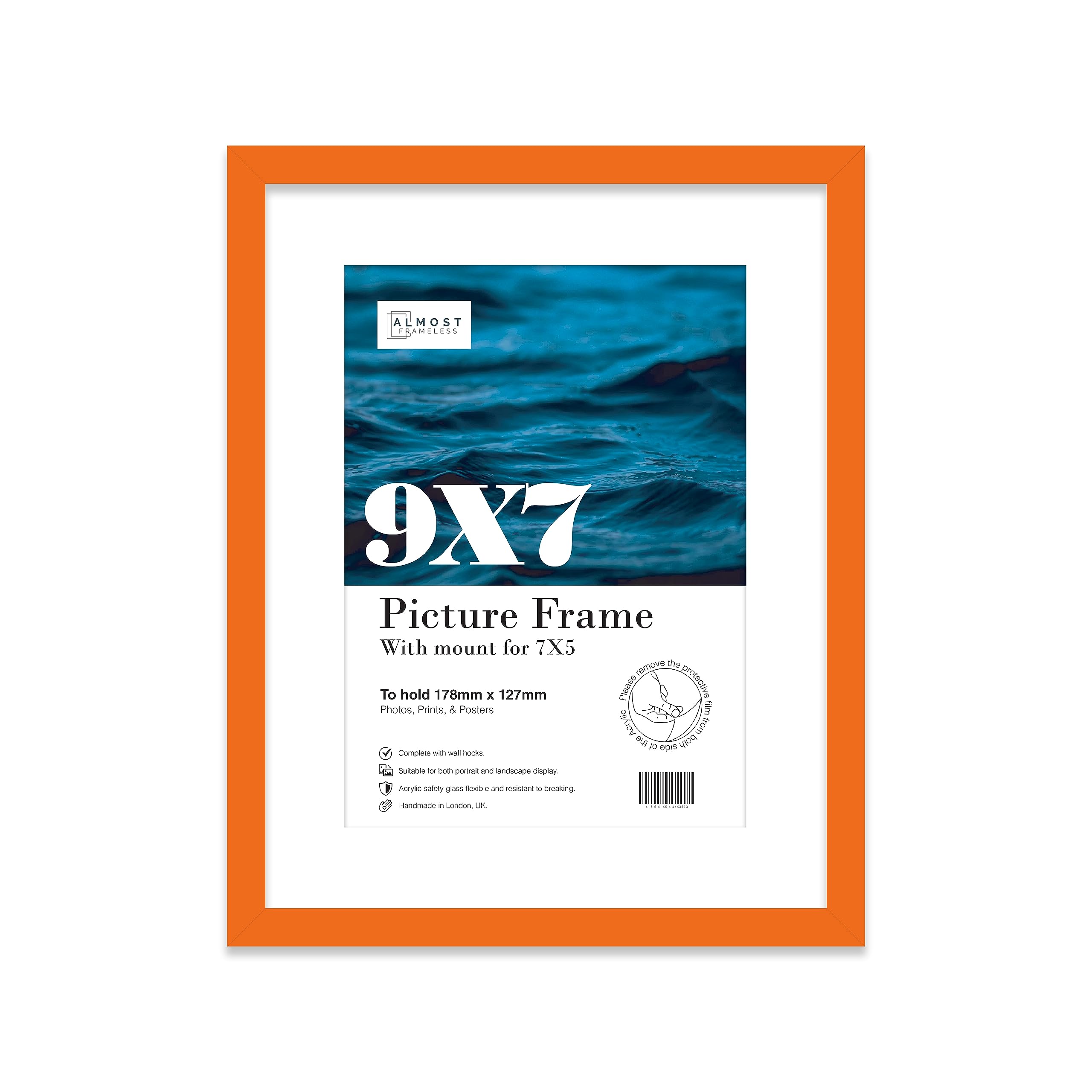 9X7" Orange Frame With Mount For 7X5" Pictures 20mm Slim Edge Portrait And Landscape Display With Wall Hooks And Kickstand from B&Q