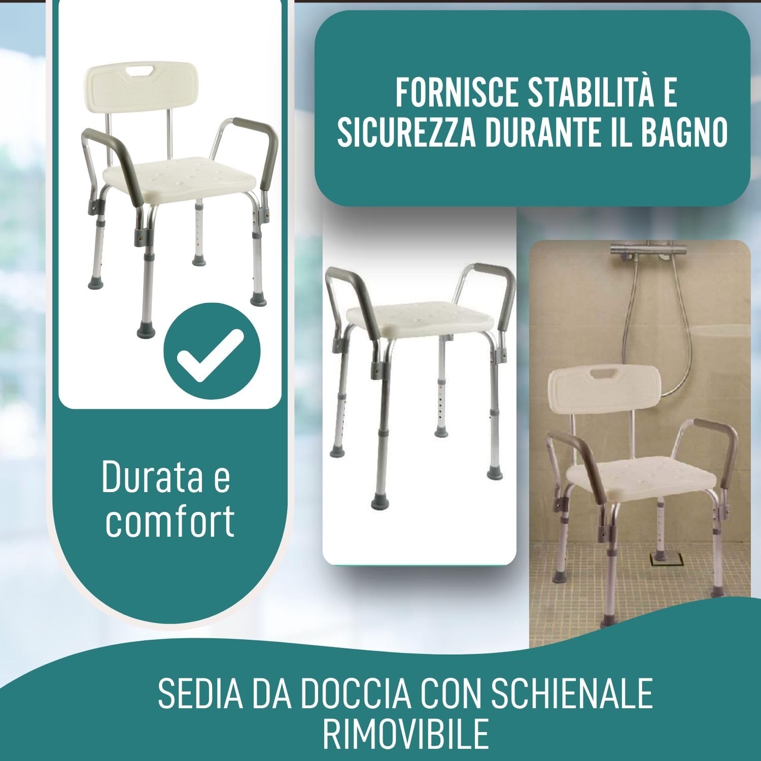 OrtoPrime Sedia da Doccia per Anziani con Schienale Rimovibile – Seggiolino Doccia Antiscivolo Regolabile in 6 Altezze – Sedile per Doccia Anziani e Disabili con Braccioli Imbottiti